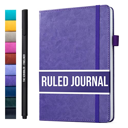 Lined Journal Notebook for writing + Free Pen! Ruled 200 pages, 120gsm Thick Paper with Sticky Notes,pen loop, elastic band, leather hard cover | Scribbles That Matter A5 journals, (5.75 x 8.2) - color: Purple