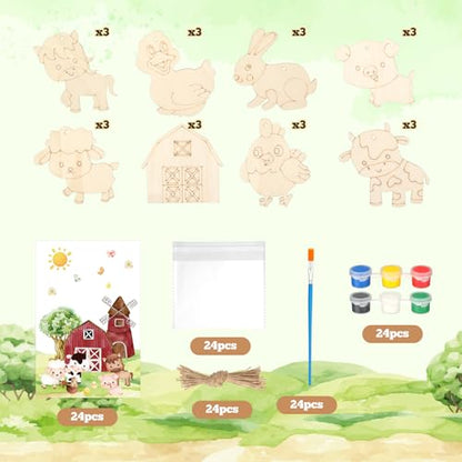 24 Pcs Farm Animals Party Favors Wooden Paint Craft Kits | Farm Theme Birthday DIY Activity, Animal Shapes with Barn,Organza Bags for Goodie Bag Fillers - style: Farm Animal