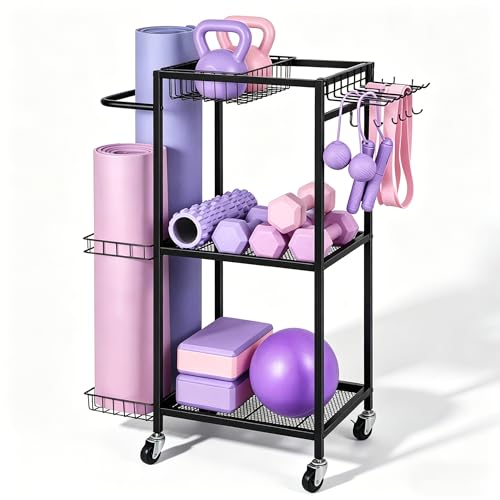 Workout Equipment Storage Rack Metal Yoga Mat Storage Rack, Weight Cart Home Gym Storage Rack with Wheels for Dumbbells, Yoga Mats, Kettlebells, Foam Rollers - color: Black