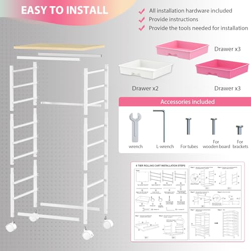 Goovilla Rolling Cart with 8 Drawers for Art, Dorm, Office, Craft, Pink | Utility Cart Organizer With 8 Removable Drawers and Wooden Tabletop, Lockable Rolling Storage Organizer for Classroom, Home - size: Pink