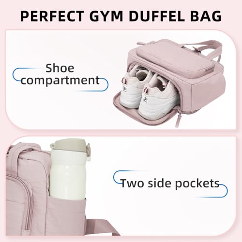 mini gym bag for women, travel duffel bag with wet pockets and Shoe Compartment,Lightweight carry on weekender duffel, water resistant,for sports,yoga,dance,pink - color: purplish-pink