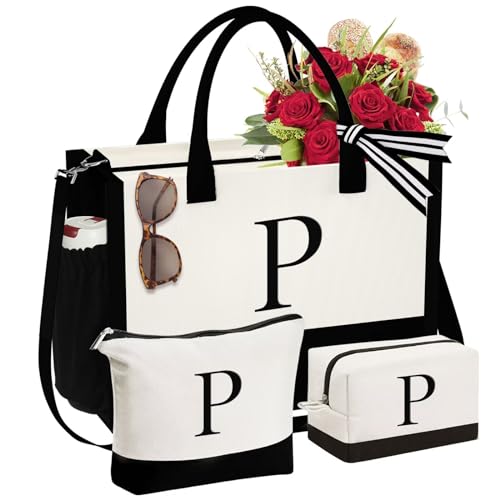 YOOLIFE Gifts for Women - Initial Canvas Tote Bag & Makeup Bag, Birthday Gifts for Women Mom Sister Friends - style: P