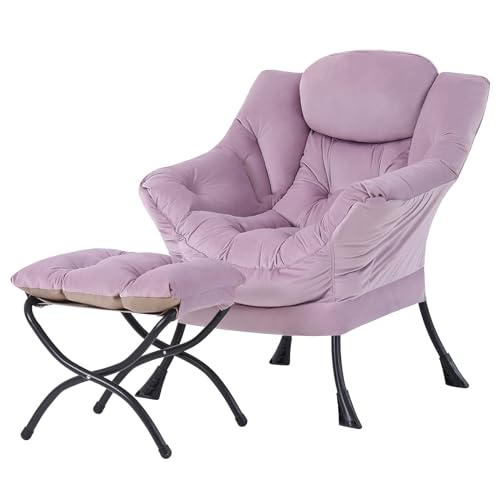 Tiita Lazy Chair with Ottoman, Comfy Reading Accent Chair, Light Purple | Foldable Footrest, Padded Seat and Backrest, Side Pocket for Lounging in Living Rooms, Bedrooms, Dorms and Small Spaces - color: Light Purple