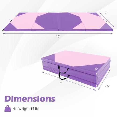 Giantex 4'x10'x 2" Gymnastics Mat, 4-Panel Folding Aerobics Exercise Mat w/Hook & Loop Fastener, Carrying Handle, Portable Tumbling Mat for Stretching Yoga Cheerleading Martial Arts - color: Purple/Baby Pink