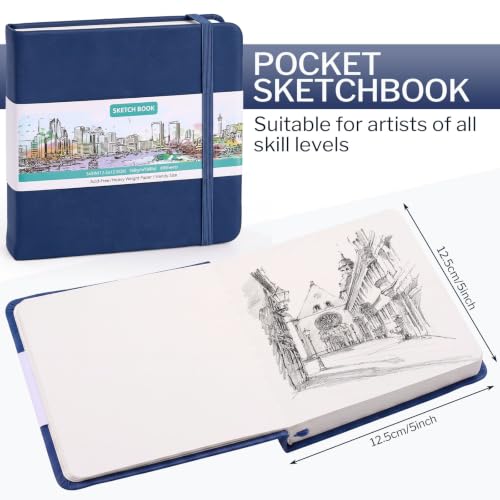 Sketch Book 5 x 5 Inch Navy Blue Hardcover Sketchbook Lay Flat Square Drawing Journal with Ribbon Bookmark Inner Pocket Acid Free Paper for Pencil Charcoal Pen Travel Art - color: Navy Blue