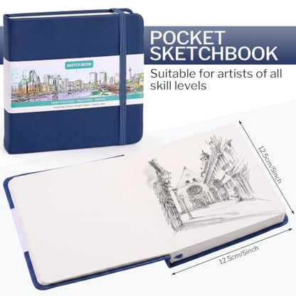 Sketch Book 5 x 5 Inch Navy Blue Hardcover Sketchbook Lay Flat Square Drawing Journal with Ribbon Bookmark Inner Pocket Acid Free Paper for Pencil Charcoal Pen Travel Art - color: Navy Blue