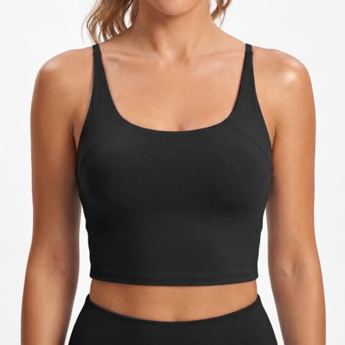 Aoysky Womens Strappy Sports Bra Adjustable Cross Back Longline Crop Top | Buttery soft fabric, Removable padded cups, Convertible straight/cross back, U-neck longline, Yoga gym pilates daily wear - color: Pure Black, size: XX-Large