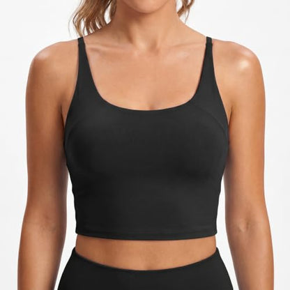 Aoysky Womens Strappy Sports Bra Adjustable Cross Back Longline Crop Top | Buttery soft fabric, Removable padded cups, Convertible straight/cross back, U-neck longline, Yoga gym pilates daily wear - color: Pure Black, size: XX-Large