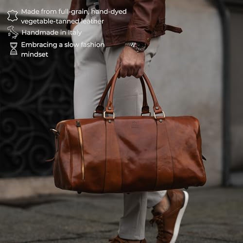 Time Resistance Leather Duffel Bag - Large Weekend Gym Travel Bag (Cognac Brown) - color: Brown