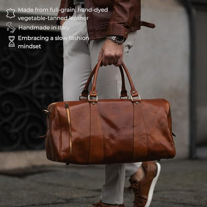 Time Resistance Leather Duffel Bag - Large Weekend Gym Travel Bag (Cognac Brown) - color: Brown