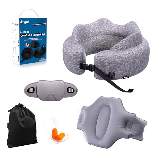 4-in-1 Travel Comfort Set Inflatable Neck Pillow, Convertible Lumbar Support & Foot Hammock, 3D Sleep Mask & Ear Plugs Complete Comfort Kit for Airplane, Office & Car Gift-Ready (Gray)