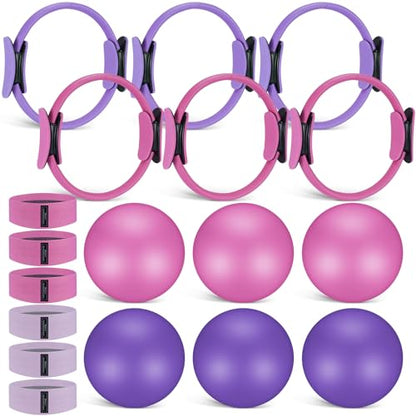 Seenelling 18 Pcs Pilates Ring and Ball Bulk Home Pilate Kit - color: Pink, Purple