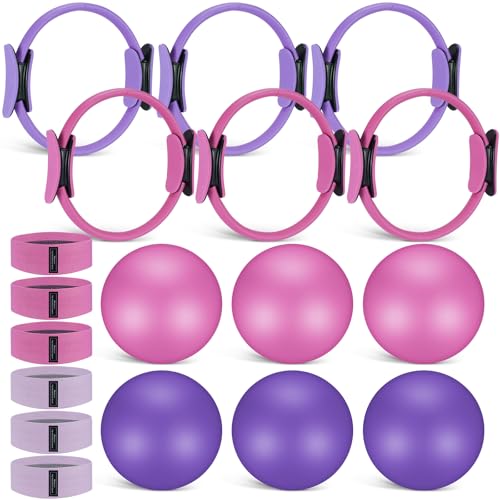 Seenelling 18 Pcs Pilates Ring and Ball Bulk Home Pilate Kit - color: Pink, Purple