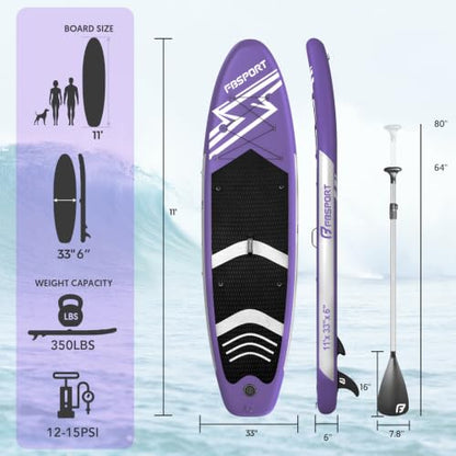 FBSPORT 11' Premium Stand Up Paddle Board, Yoga Board with SUP Accessories & Carry Bag | Wide Stance, Surf Control, Non-Slip Deck, Leash, Paddle and Pump for Youth & Adult - color: Purple