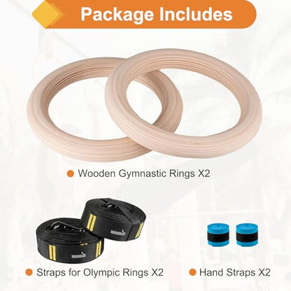 Wooden Gym Rings, 9ft Double-Layer Numbered Straps Quick Adjust | 1.25” Olympic Rings for Home Gym Small Apartment Hotel Camping Full Body Workout Calisthenics Strength Training Body