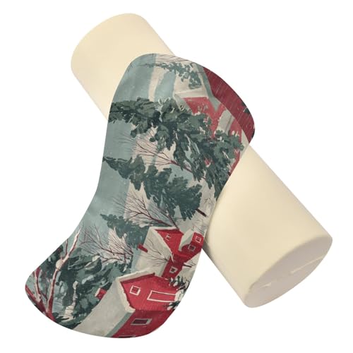 Bolster Pillow Neck Pillow Round Soft Health Memory Foam Pillows Long Cylindrical Body Pillow with Removable Cover Cute Back Yoga Christmas House Deer Green 17" x 5.5" - color: Christmas House Deer Green