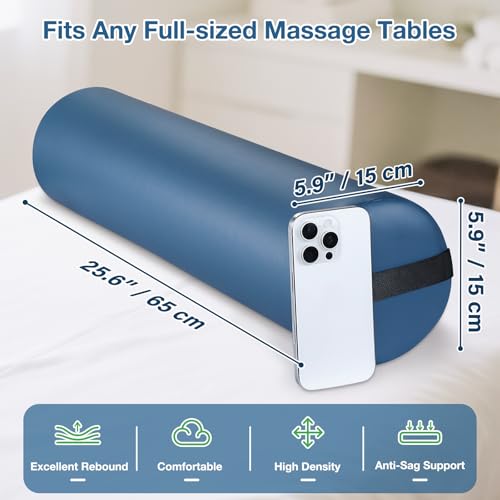 26 x 6 In Full Round Massage Bolster, PU Leather Bolster with Strap Handle | Under Knee Pillow for Massage Table, Under Back Ankles Pain Relief Roll Bolster Pillow for Yoga & Spa, Round Leg/Neck Support - color: 6" Full Round - Blue
