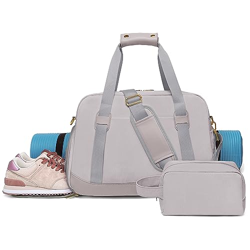 Sports Gym Bag for Women, Travel Duffle Bag with Shoe Compartment & Wet Pocket, Fitness Yoga Bag - color: Grey