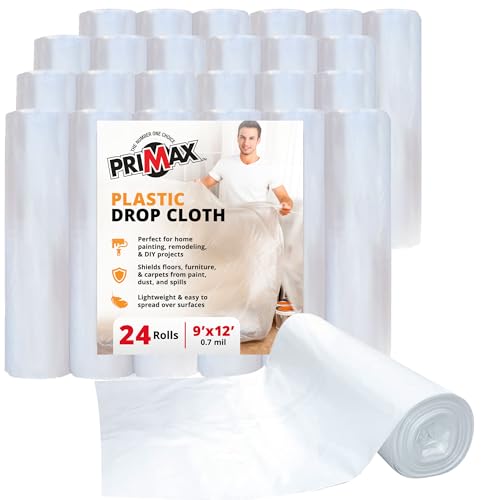 PRIMAX Clear Plastic Drop Cloth 9x12 ft (24 Pack) – Waterproof Painters Plastic Sheeting for Painting, Furniture Covers & Dust Protection – Easy Cleanup, Mess-Free Solution for Painting or Renovations - size: 9' x 12' - 24 pack