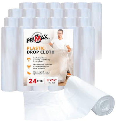 PRIMAX Clear Plastic Drop Cloth 9x12 ft (24 Pack) – Waterproof Painters Plastic Sheeting for Painting, Furniture Covers & Dust Protection – Easy Cleanup, Mess-Free Solution for Painting or Renovations - size: 9' x 12' - 24 pack
