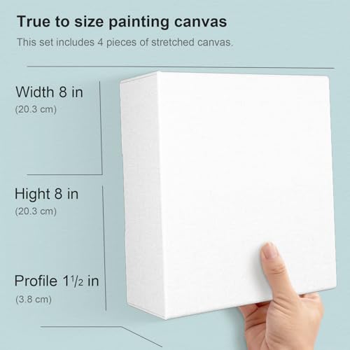 PHOENIX 8x8 Inch 4 Pack Gallery Canvas - 1.5 in Thick Small Square Canvases for Painting - Deep Edge 100% Cotton 11 Oz. Gesso Primed White Blank Professional Canvas Oil & Acrylic Paints - size: 8"x8", style: Gallery