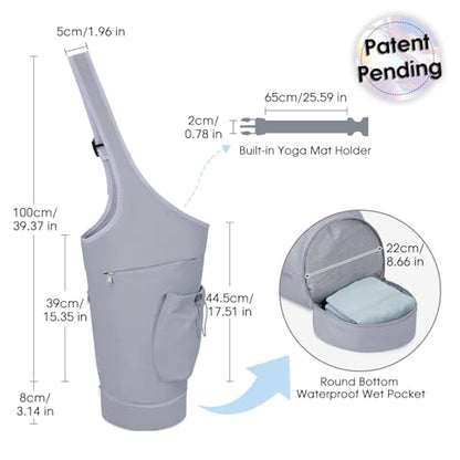 sportsnew Yoga Mat Bag, Large Opening Long Tote Yoga Mat Carrier Holder Bag with Waterproof Wet Pocket and Drawstring Water Bottle Pocket, Adjustable Shoulder Strap Storage Bag, patent pending - color: Grey