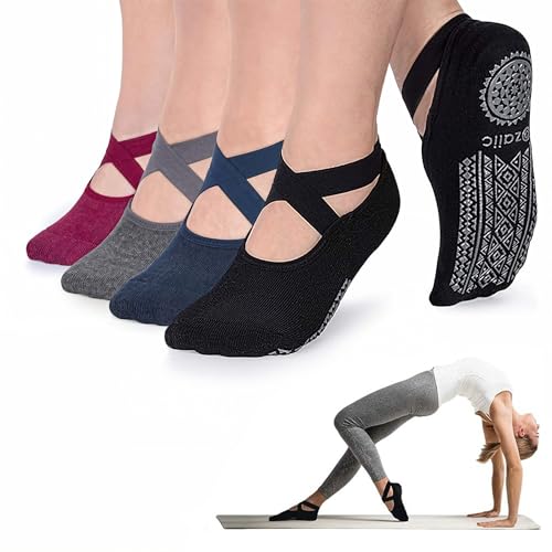 Ozaiic Pilates Socks for Women Non Slip Grip Yoga Barefoot Indoor Workout | Breathable cotton grippy sock, slipper sticky socks, one size fits women for barre, ballet, dance, hospital, home - color: 4 Pairs - Black/Navy/D.gray/ Burgundy