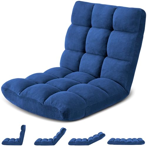 Folding Floor Gaming Chair 14-Poistion Cushioned Adjustable Floor Lazy Sofa Chair w/Breathable Cotton & Skin-Friendly Velvet for Adults & Kids Perfect for Reading Gaming Meditating, Darkblue - color: Darkblue