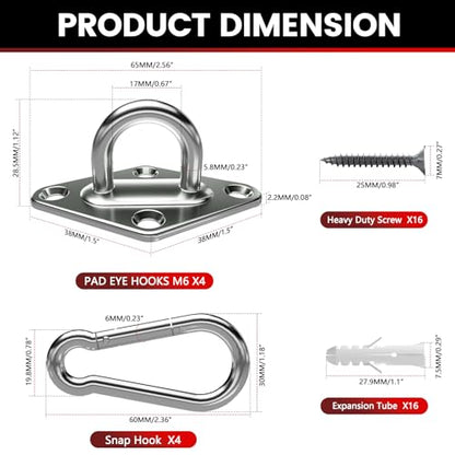 sprookber 304 Stainless Steel Pad Eye Snap Hook, M6 Ceiling Hook 800Lb,8Pcs | Hanging Kit with Screws for Hammock Chair Swing, Yoga Gym Equipment, Sun Shade Sail, Plant Hangers & Marine Boat Hardware - size: 2.3 inch, style: Rhombus