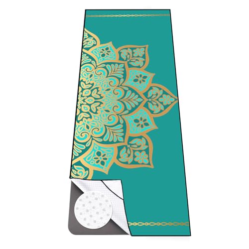 Hot Yoga Towel with Grip Dots, Non Slip, 74"x26", Turquoise Mandala | Sweat Absorbent Yoga Mat Towel, Portable with Travel Bag, Catching Eyes Design, For Hot Yoga, Bikram, Pilates and Fitness - color: Turquoise Mandala, size: 74" x 26"