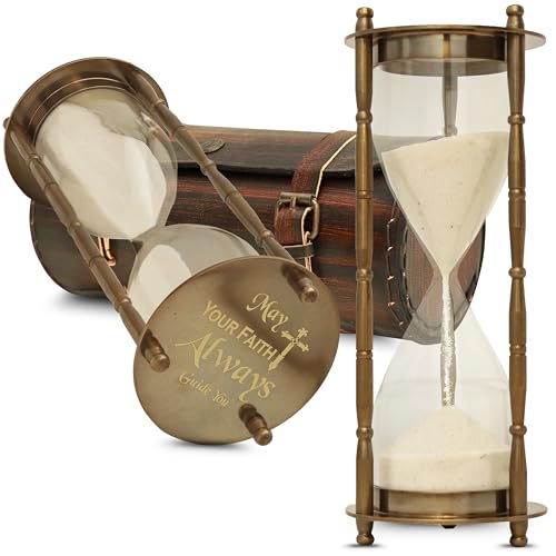 Antique Brass Sand Timer with Leather Case – Sand Timer with “May Your Faith Always Guide You” Engraving – Christian Gift for Men, Women, Religious Home Décor