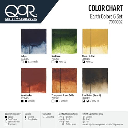 QoR Earth Colors 6 Set by GOLDEN, 6 x 5 ml tubes, Professional Watercolor Paint Set