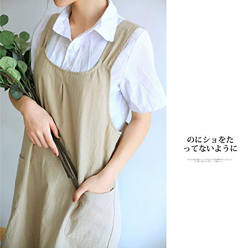 Japanese Style Linen Cotton Cross Back Pinafore Apron with Pockets for Women Ladies Men Chef Kitchen Cooking Baking - color: Women's Size Khaki