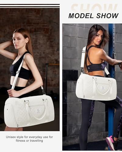 Gym Duffle Bag for Women with Shoe Compartment Waterproof Travel Tote Bags Personal Item Carry On Weekender Overnight Bags with Toiletry Bag Swimming Yoga Bags Hospital Holdalls Beige - color: C5-Grid-Beige