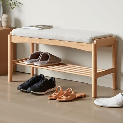 Oak Wood Shoe Bench, 32 Inch Entryway Bench with Light Gray Cushion - color: Natural + Light Gray Cushion, size: 31.49"
