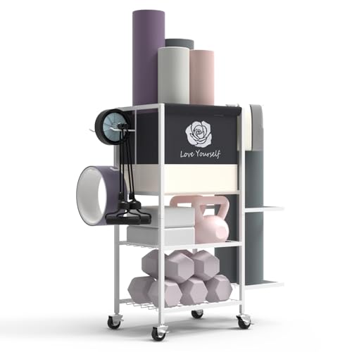Yoga Mat Storage Rack，Home Gym Storage Rack Gym Workout Equipment Storage Organizer Fitness Weight Rack on Wheels for Yoga Mat,Yoga Block,Foam Roller,Resistance Band,Dumbbell,Kettlebell and Other Workout Accessories - color: White