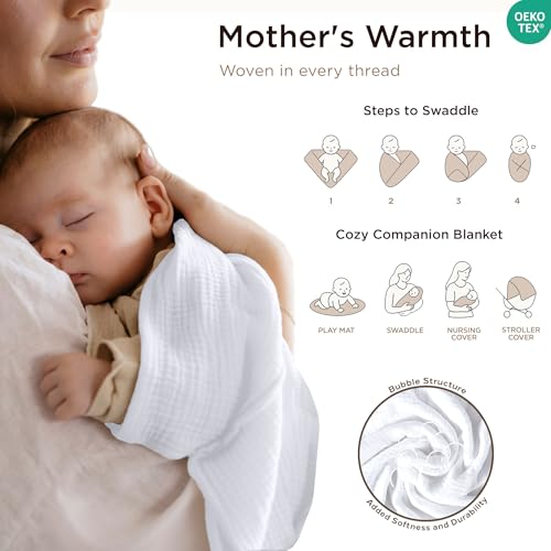 Threadmill Cotton Swaddle Blanket, Muslin, White, 4-Piece, 41x37 in, Unisex | 100% Cotton, Muslin Weave, 4-Piece Set, 41x37 in, Breathable, OEKO-TEX Certified, Machine Washable - color: White, size: Baby