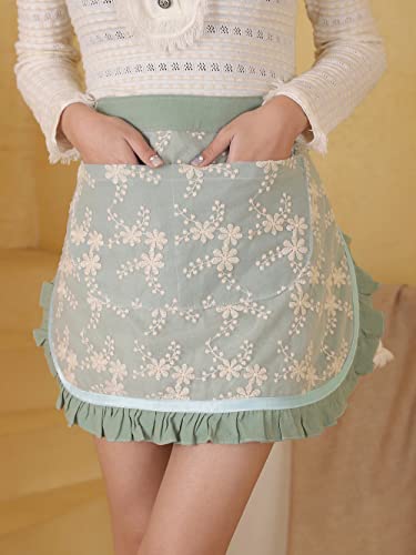 Unisex Chef Aprons White Retro Cotton Maid Short 2 Pockets Waist Waiter Waitress Half Apron - color: Green-embroidered