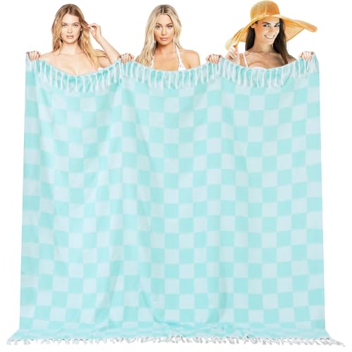 Extra Large Turkish Beach Towel Picnic Mat Throw Blanket Bathroom Quick Dry Essentials Swim Poolside Pool Accessories Swim Must Haves Hot Tub Items Spa Gadgets Adult Women Large Towel Things Stuff - color: Checked Aqua, size: Extra Large 50'' x 70''