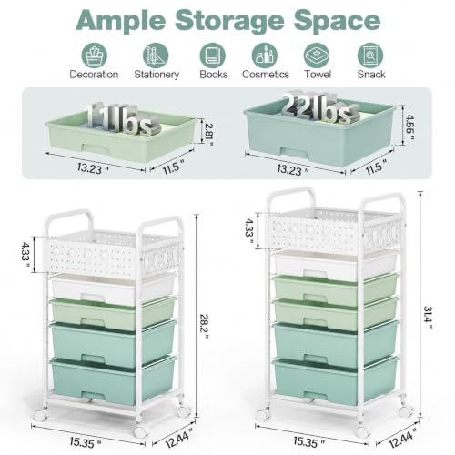 5 Drawer Rolling Storage Cart with Pegboard Top and Hooks, Gradient Green | Mobile Organizer Cart with Wheels for Office Supplies, Craft Storage, Classroom Organization, Home Utility Cart - color: Gradient Green, size: 5-Drawers