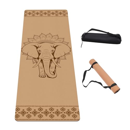 Premium Cork Yoga Mat Non Slip Thick Cork Exercise & Fitness Mat for Yoga, Pilates, & Home Workouts(72" x 24" x 5mm Thick) - color: Cork Mat Elephant