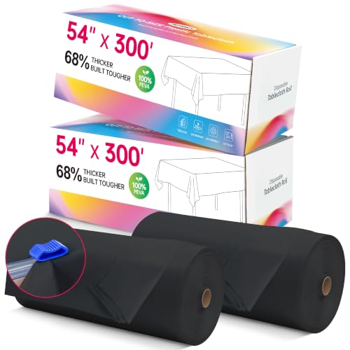 600FT X 54IN Plastic Table Cloth Disposable, Black Table Cover Roll | Disposable Tablecloth with Slide Cutter for Rectangle Round Tables, Party Tablecloths for Birthday, Wedding, Picnic, Outdoor - color: Black, size: 54" x 7200" (Rectangular)
