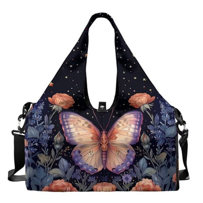 Gym Bag with Yoga Mat Holder Large Tote Bag With Multi Pockets for Women Men Dry Wet Separated Pocket Carryall Yoga Tote Bag for Pilates Travel Workout Office - color: Pink Butterfly
