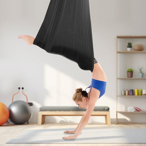 Aerial Yoga Hammock, 440 lbs Capacity Ceiling Mounted Aerial Silks Kit with 360° Swivel, Polyester Fabric for Home Gym Studio, 16.4ft - color: Black, size: 5M/16.4FT
