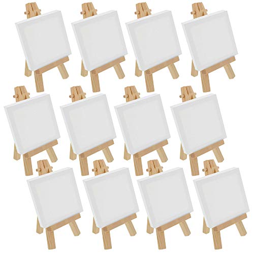 U.S. Art Supply 2" x 2" Stretched Canvas with 5" Mini Easel Kit (12 Pack) - Natural Wooden A-Frame Tabletop Display Stand, Mini Easel Stand - Small Easels for Display, Small Canvases, Crafts, Photos - size: 5" Easel & 2x2 Canvas - 12-pack