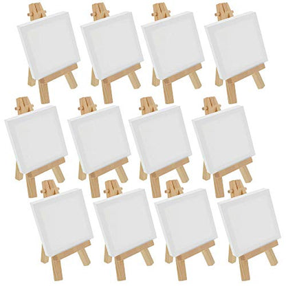 U.S. Art Supply 2" x 2" Stretched Canvas with 5" Mini Easel Kit (12 Pack) - Natural Wooden A-Frame Tabletop Display Stand, Mini Easel Stand - Small Easels for Display, Small Canvases, Crafts, Photos - size: 5" Easel & 2x2 Canvas - 12-pack