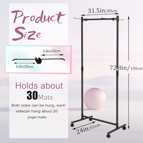 Yoga Mat Storage Rack on Wheels, Metal Yoga Mat Holder with Double Sided Hooks & Punching Tool, Rolling Organizer Cart for Home Gym, Exercise & Fitness Club