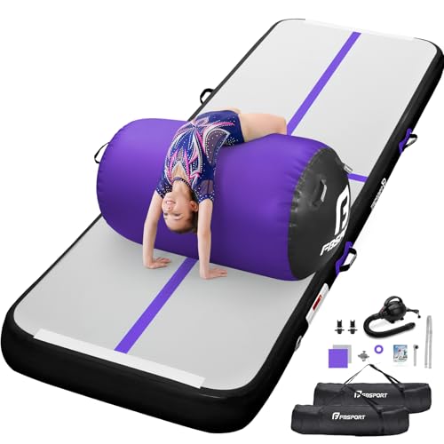 FBSPORT Inflatable Air Gymnastics Mat 4 inches Thickness and Air Roller 40x23.6 inches with Electric Air Pump 10ft/13ft Training Mats for Home Use Cheerleading Outdoor Training Park Yoga Beach - color: Black Purple, size: Mat: 13ft x 3.3ft x 4in | Roller: