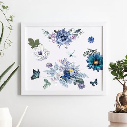 Joeyan Blue and Green Floral Rub On Transfers for Furniture and Crafts, 2 Large Design Sheets 12''x18'', DIY Home Decal on Wood Glass Metal Canvas Porcelain Paper Plastic, Flowers in The Field - style: Blue and Green Floral