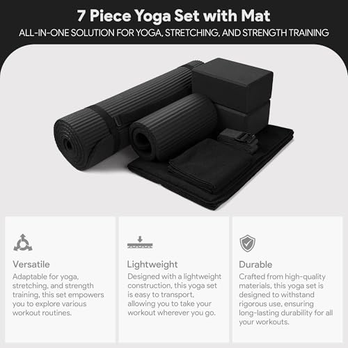 BalanceFrom 7-Piece Yoga Set with 71x24x0.5 Inches Extra Thick Mat and Carrying Sling – Includes 2 Blocks, Stretch Strap, 2 Towels, and Knee Pad for Home, Studio, and Gym Workouts - color: Black